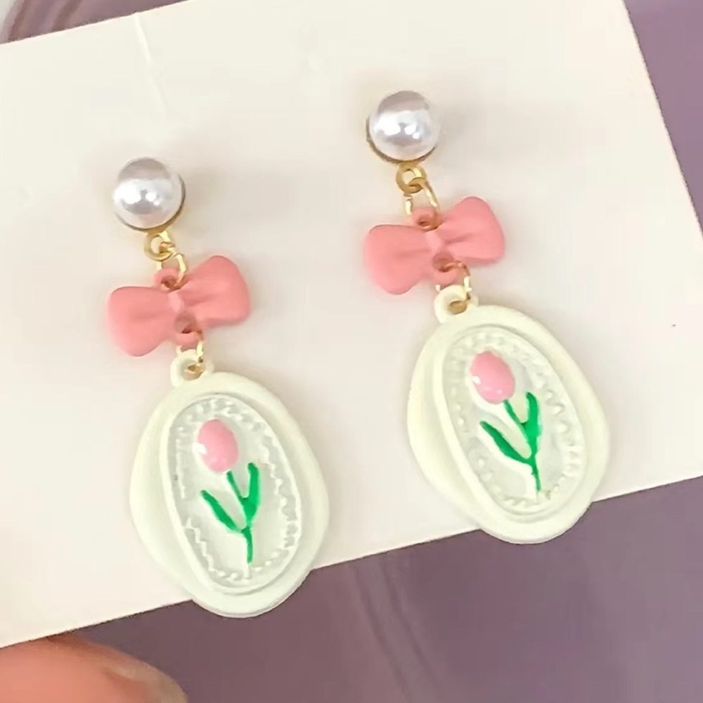 Cute Tulip White Earrings Elegant Pink Bowknot Dangle‎ Earrings